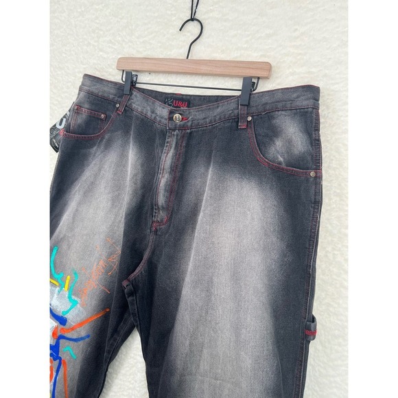 U&U Vintage Mens 44X34 Black Painted Urban Baggy Y2K Cotton Jeans Streetwear - Picture 5 of 10